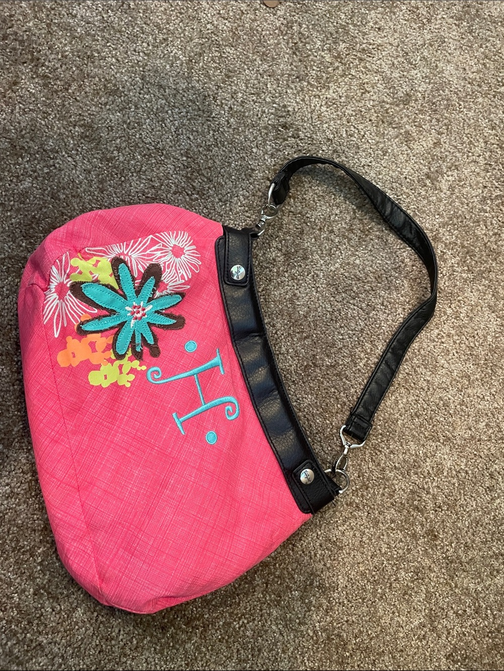 Thirty one skirt purse Pink Floral Tote with Black Strap inital H
